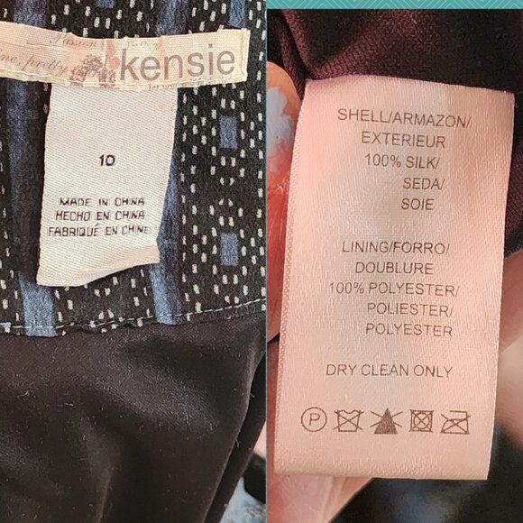 Kensie Blue Artsy Print 100% Silk Deep V-Neck Shift Dress - Picture 4 of 4